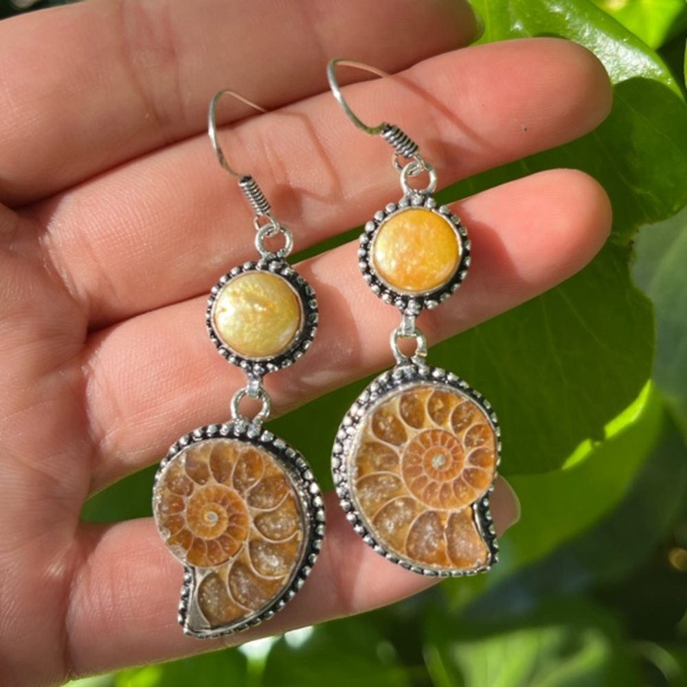 925 Silver Overlay Natural Fossilized Ammonite Earrings - Picture 4 of 6